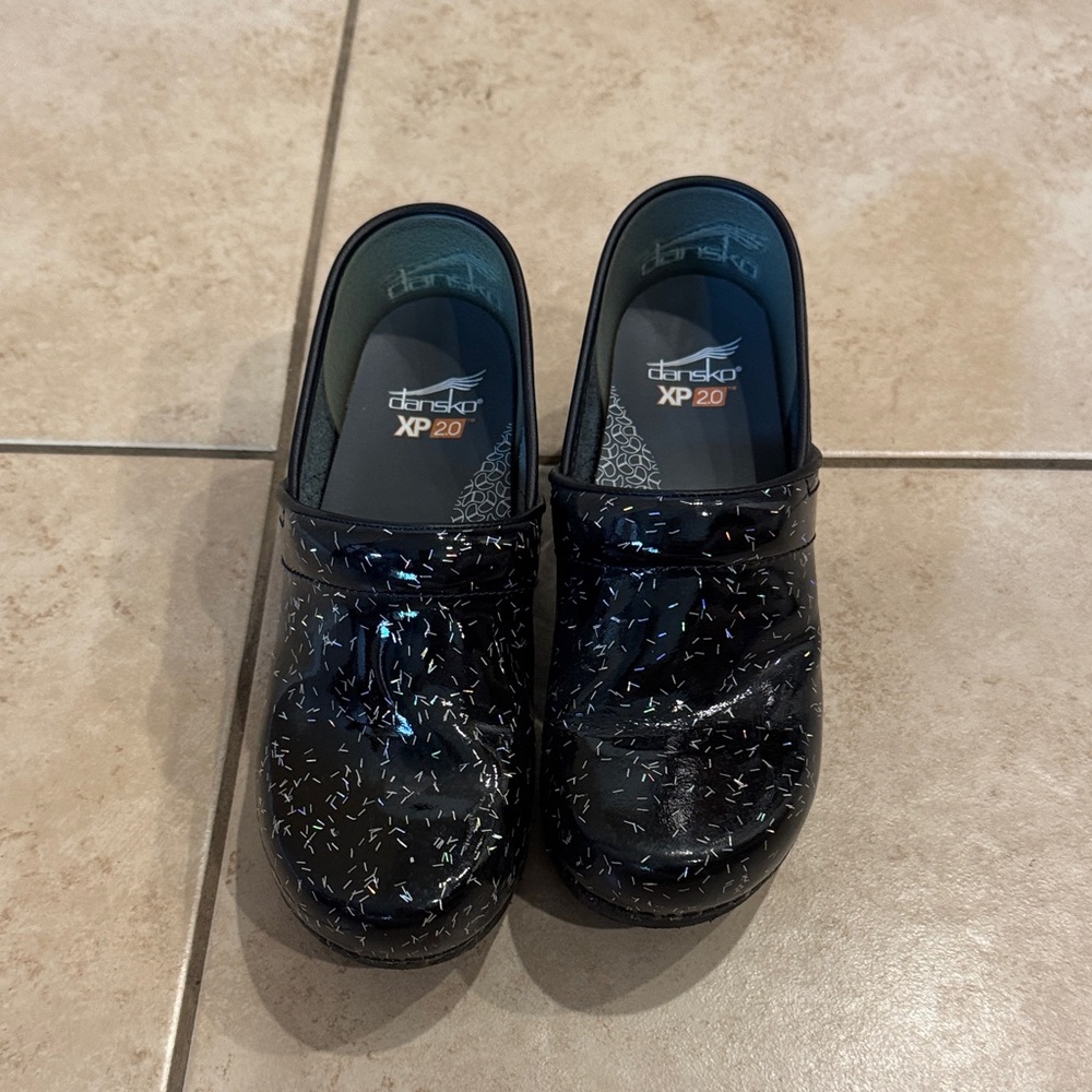 Dansko XP 2.0 black and glitter clogs